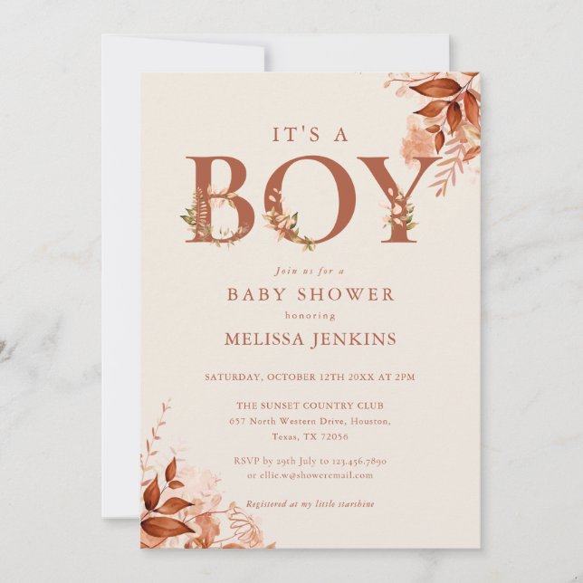 Invitación Es Un Niño Letra Floral De Caída Rústica Baby Show (Anverso)