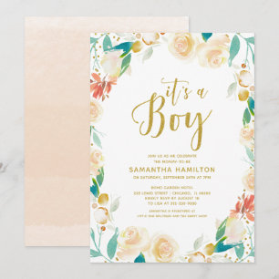 Invitación Es un Niño Melocotón Dorado Brillo Floral Baby Sho