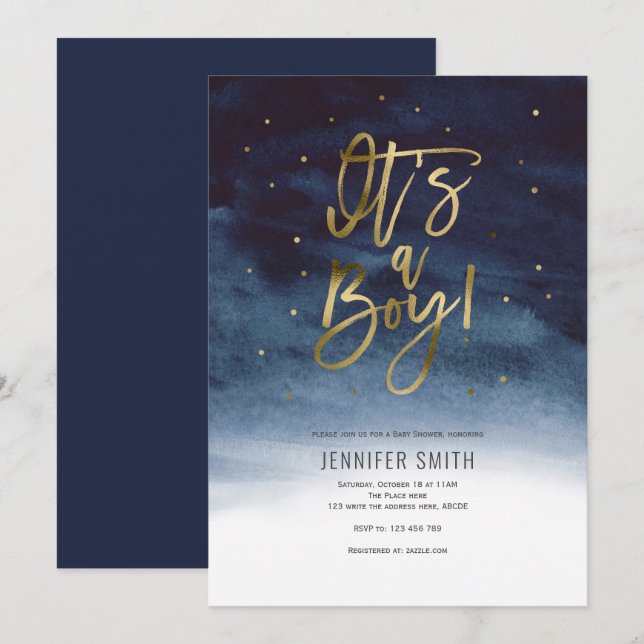 Invitación Es un niño, Modern, Gold, Baby Shower (Anverso / Reverso)