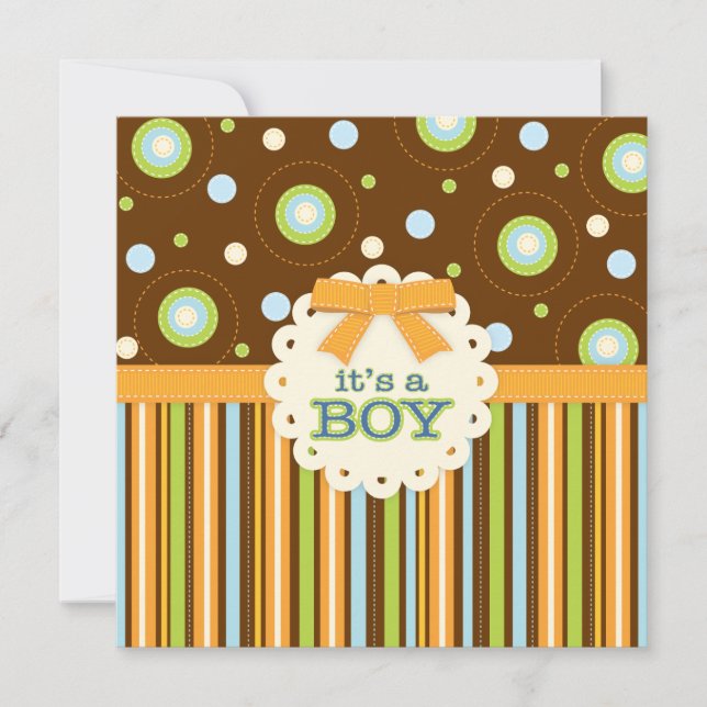 Invitación Es un niño Naranja y Blue Stitches Baby Shower (Anverso)