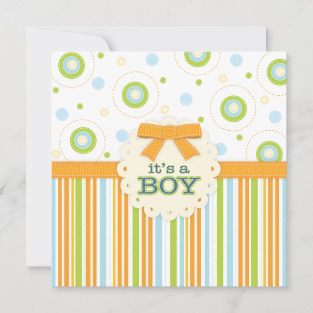 Invitación Es un niño Naranja y Blue Stitches Baby Shower (Anverso)