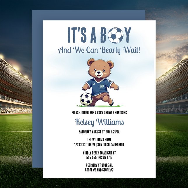Invitación Es un niño oso apenas espera jugador de fútbol Cum (Cute Blue "It's A Boy and We Can Bearly Wait!" Teddy Bear Soccer Player Boy Baby Shower Invitation)