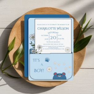Invitación ¡Es un niño! Oso lindo y flores de margarita para