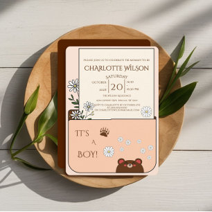 Invitación ¡Es un niño! Oso lindo y flores de margarita para 