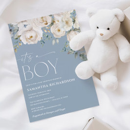 Invitación Es un niño polvoriento azul blanco elegante floral