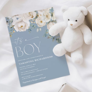 Invitación Es un niño polvoriento azul blanco elegante floral