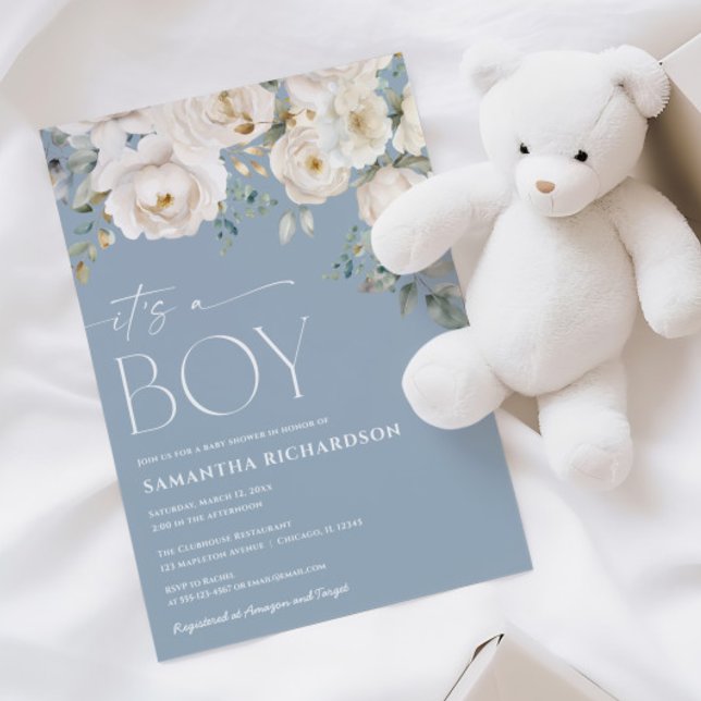 Invitación Es un niño polvoriento azul blanco elegante floral (Subido por el creador)