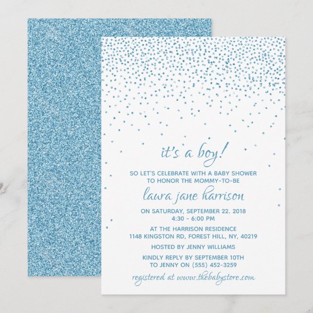 Invitación ¡Es un niño! Purpurina azul Confetti Baby Shower (Anverso / Reverso)