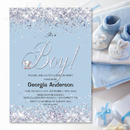 Invitación Es un niño Purpurina del Elefante Azul Baby Shower