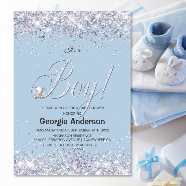 Invitación Es un niño Purpurina del Elefante Azul Baby Shower (Subido por el creador)