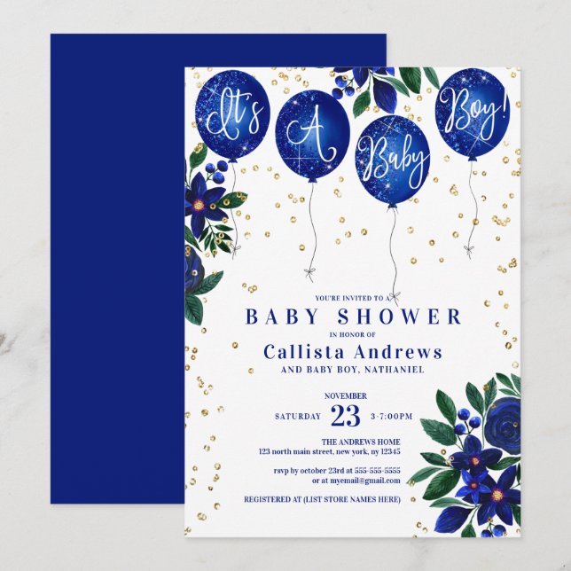 Invitación Es un niño Purpurina Globo Floral Baby Shower (Anverso / Reverso)