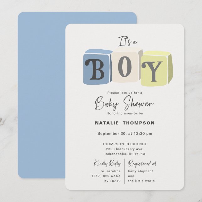 Invitación Es un niño que Baby Shower bloquea el azul (Anverso / Reverso)