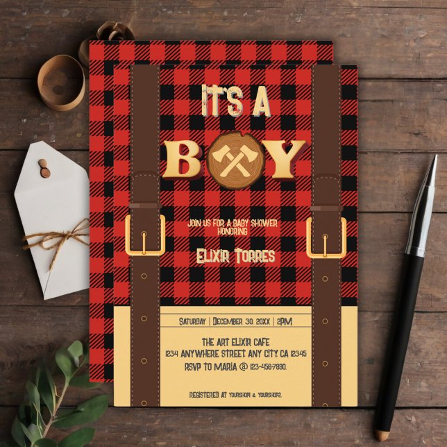 Invitación Es un niño Rustic Lumberjack Flannel Baby Shower I (Subido por el creador)