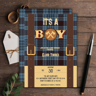 Invitación Es un niño Rustic Lumberjack Flannel Baby Shower I