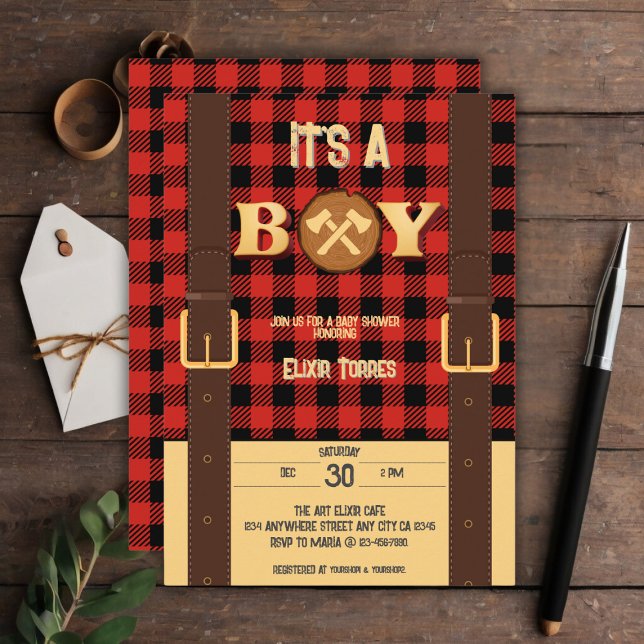 Invitación Es un niño Rustic Lumberjack Flannel Baby Shower I (Subido por el creador)