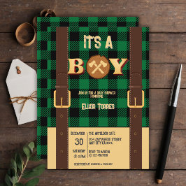 Invitación Es un niño Rustic Lumberjack Flannel Baby Shower I