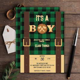 Invitación Es un niño Rustic Lumberjack Flannel Baby Shower I