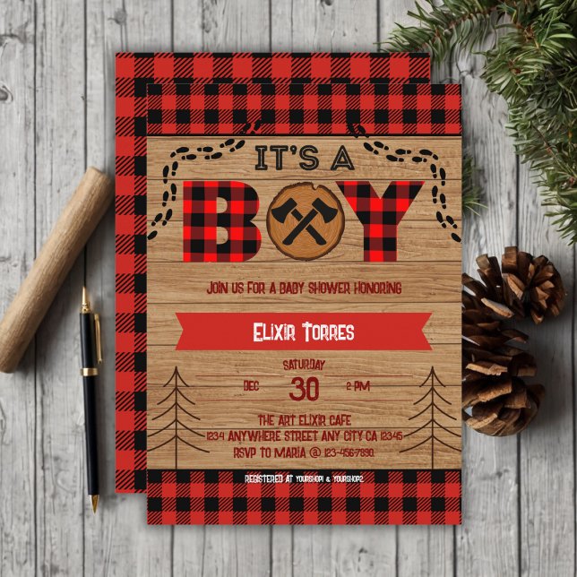 Invitación Es un niño Rustic Wood Plaid Baby Shower (Subido por el creador)