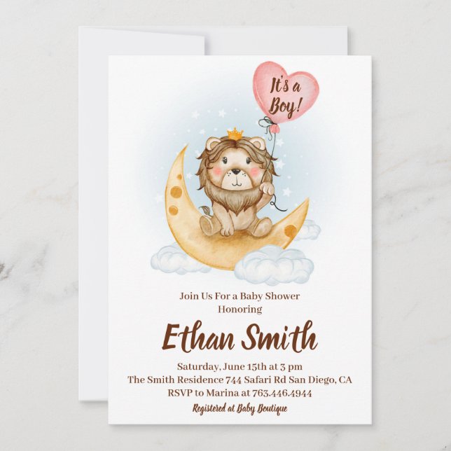 Invitación Es un niño Safari Lion Watercolor Baby Shower (Anverso)