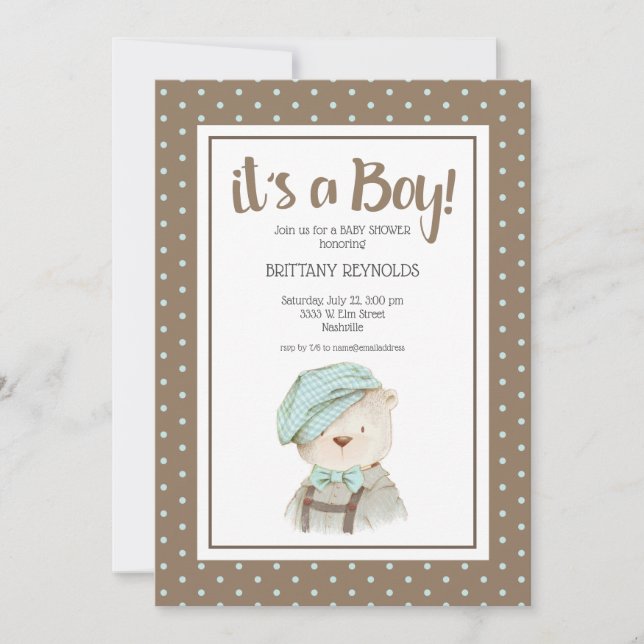 Invitación Es un niño tan polka Dot Teddy Bear Baby Shower (Anverso)