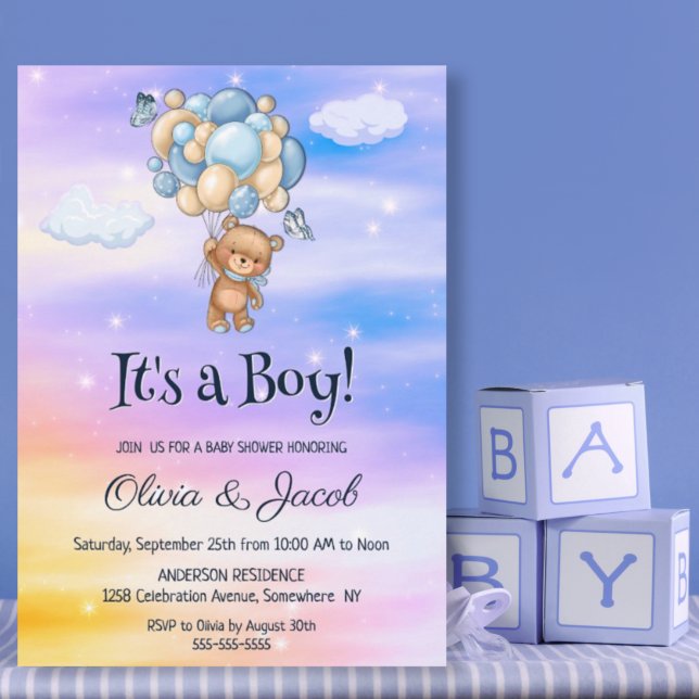 Invitación ¡Es un niño! Teddy Bear Blue Balloons Baby Shower (Subido por el creador)