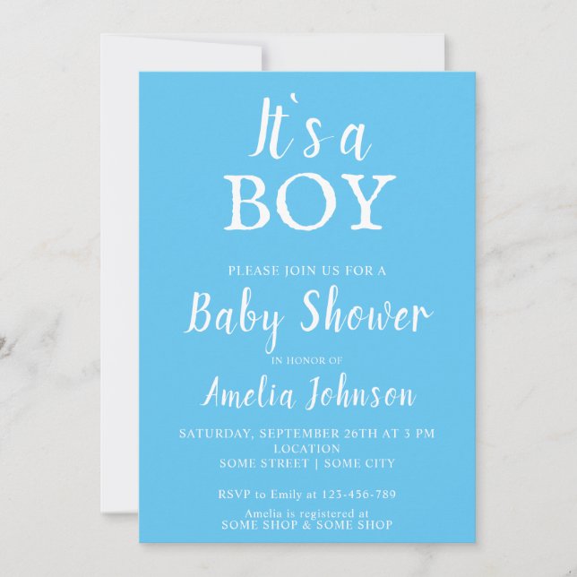 Invitación Es un niño tipografía azul bebé Baby Shower (Anverso)