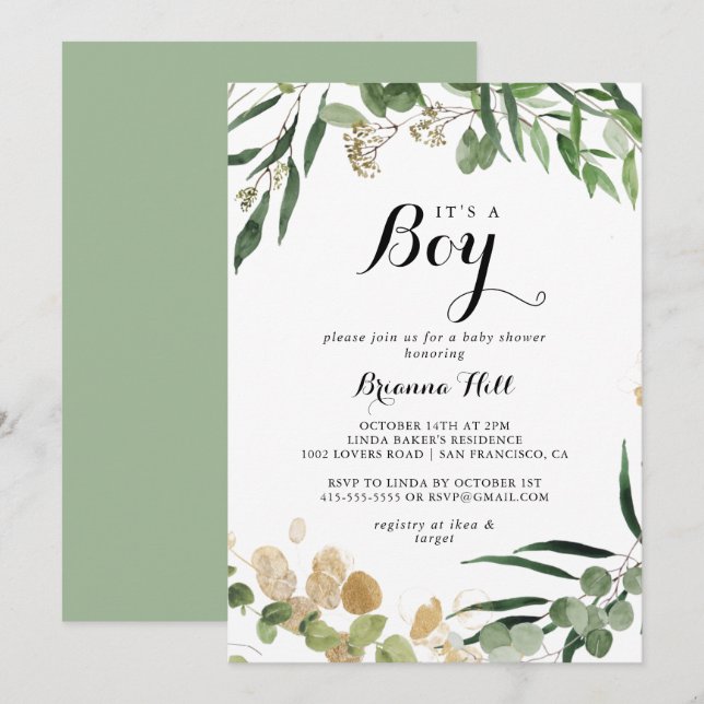 Invitación Es un niño Tropical Gold Green Baby Shower (Anverso / Reverso)