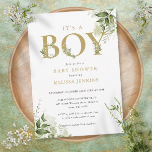 Invitación Es un niño vegetación follaje letra dorada Baby Sh