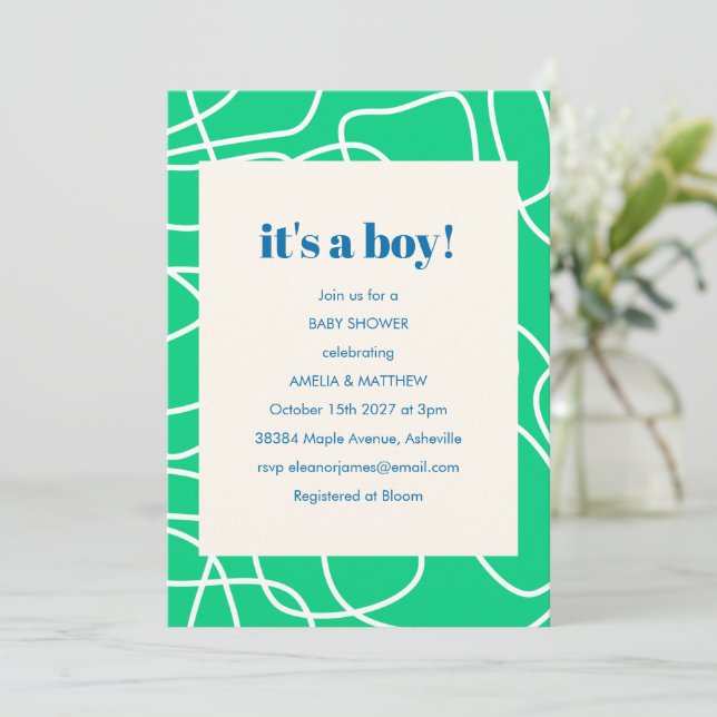 Invitación Es un Niño Verde Arte de Línea Moderna Baby Shower (Anverso de pie)