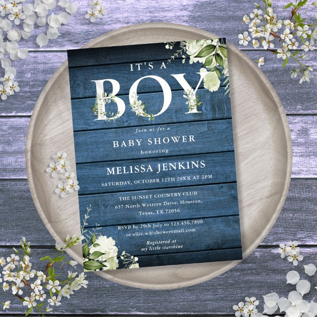 Invitación Es Un Niño Verde Azul Rústico Baby Shower De Mader (Its A Boy Greenery Blue Rustic Wood Baby Shower Invitation)