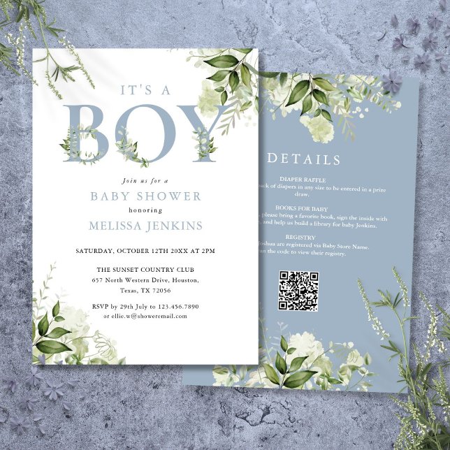 Invitación Es Un Niño Verde Azul Todo En Un Baby Shower (Its A Boy Blue Greenery All In One Baby Shower Invitation)