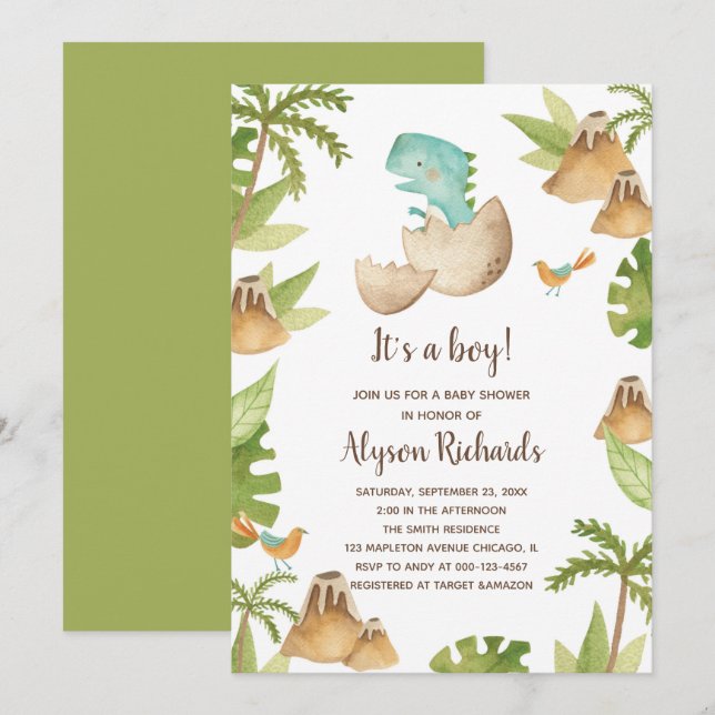 Invitación  Es un niño Watercolor Dinosaur Baby Shower (Anverso / Reverso)