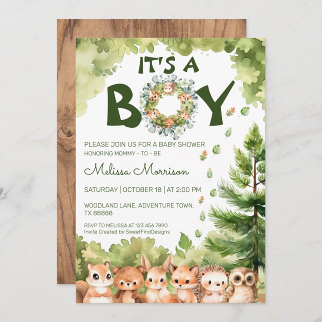 Invitación Es un niño Woodland Baby Shower (Anverso / Reverso)