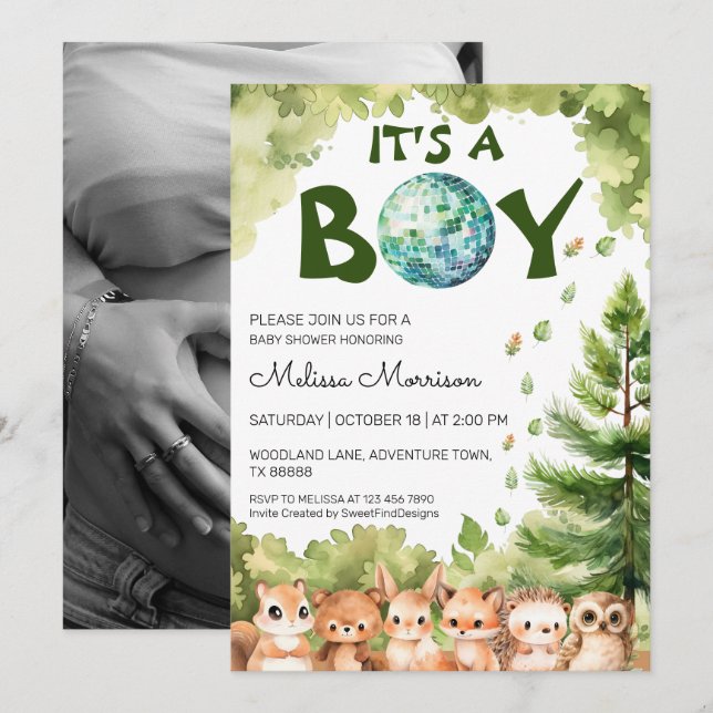 Invitación Es un niño Woodland Disco Baby Boy Shower (Anverso / Reverso)