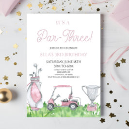 Invitación ¡Es un Par-Tres! Golf Rosa 3 Fiesta de cumpleaños