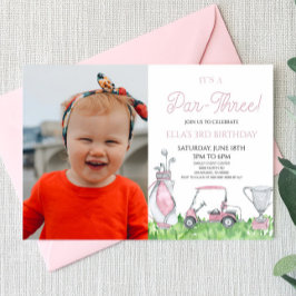 Invitación ¡Es un Par-Tres! Golf Rosa 3 Fiesta de cumpleaños
