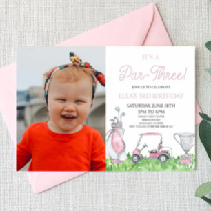 Invitación ¡Es un Par-Tres! Golf Rosa 3 Fiesta de cumpleaños