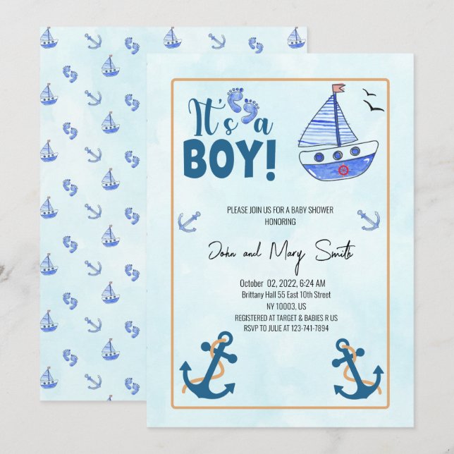Invitación es un parto de niños Nautical Sailboat ducha de be (Anverso / Reverso)