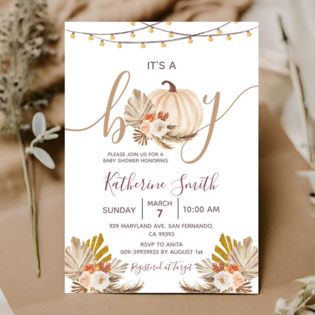 Invitación Es un pequeño calabaza Boho Pampas Floral Baby Sho (Subido por el creador)