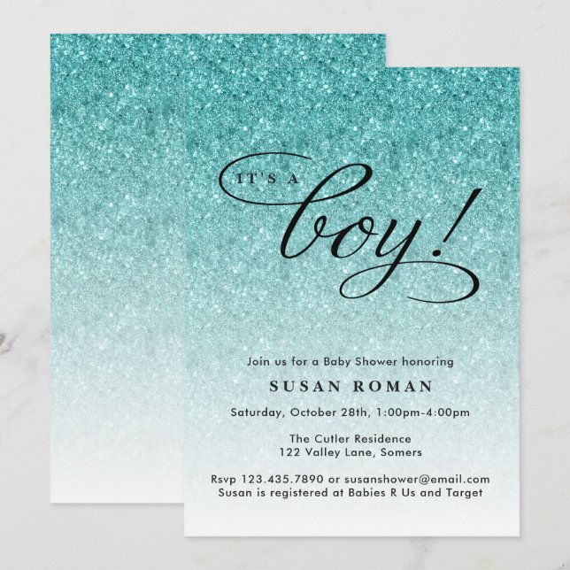 Invitación Es un Purpurina Baby Shower de Boy Blue Ombre (Anverso / Reverso)