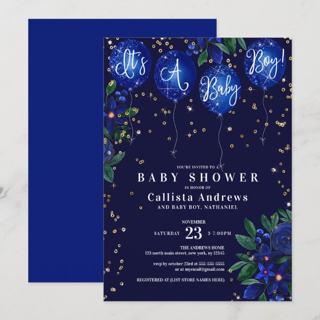 Invitación Es un Purpurina de los globos de Baby Shower flora (Anverso / Reverso)
