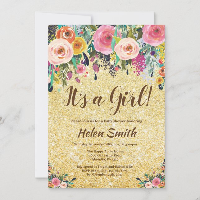 Invitación Es un purpurina floral Baby Shower del oro del (Anverso)