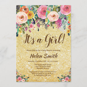 Invitación Es un purpurina floral Baby Shower del oro del