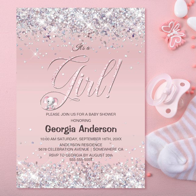 Invitación Es un Purpurina rosa Chica Baby Shower (Subido por el creador)