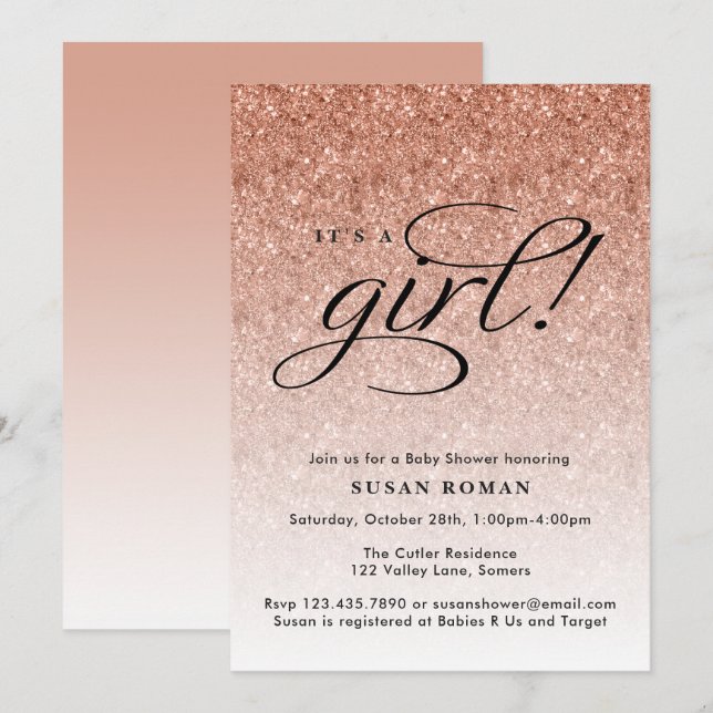 Invitación Es un Rosa Chica Gold Ombre Purpurina Baby Shower (Anverso / Reverso)