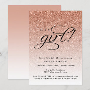 Invitación Es un Rosa Chica Gold Ombre Purpurina Baby Shower