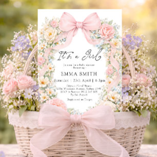 Invitación Es un rosa rubor de niña lazo coqueto baby shower