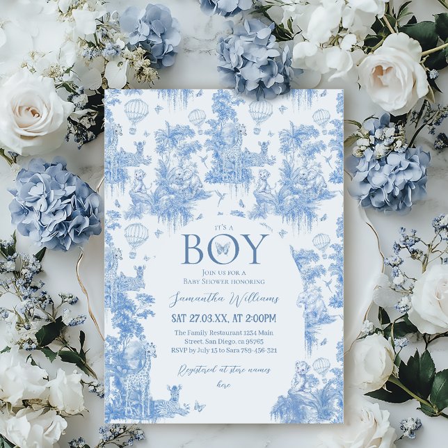 Invitación Es un Safari Blue Toile de Boy Elegant Baby Shower (Subido por el creador)