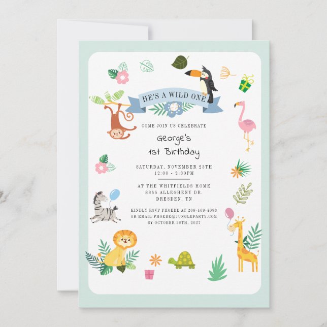 Invitación Es un salvaje animal de la selva primero cumpleaño (Anverso)