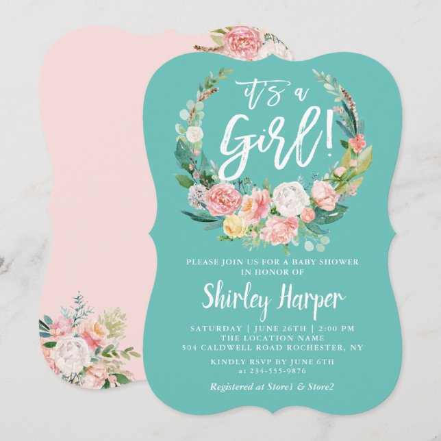 Invitación Es Un Verde azulado Chica De Flor Rosa Baby Shower (Anverso / Reverso)